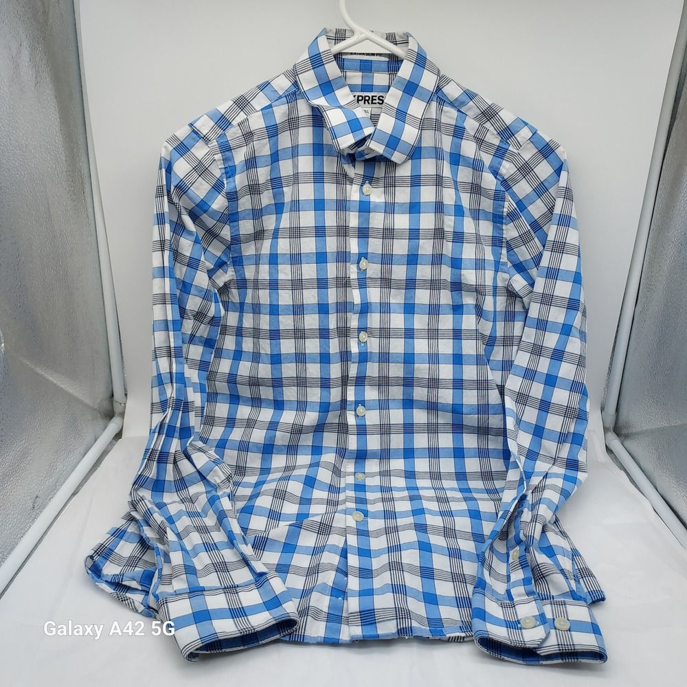 Express Mens Extra Slim Fit Plaid Button Down Shirt Blue White XS 13-13.5